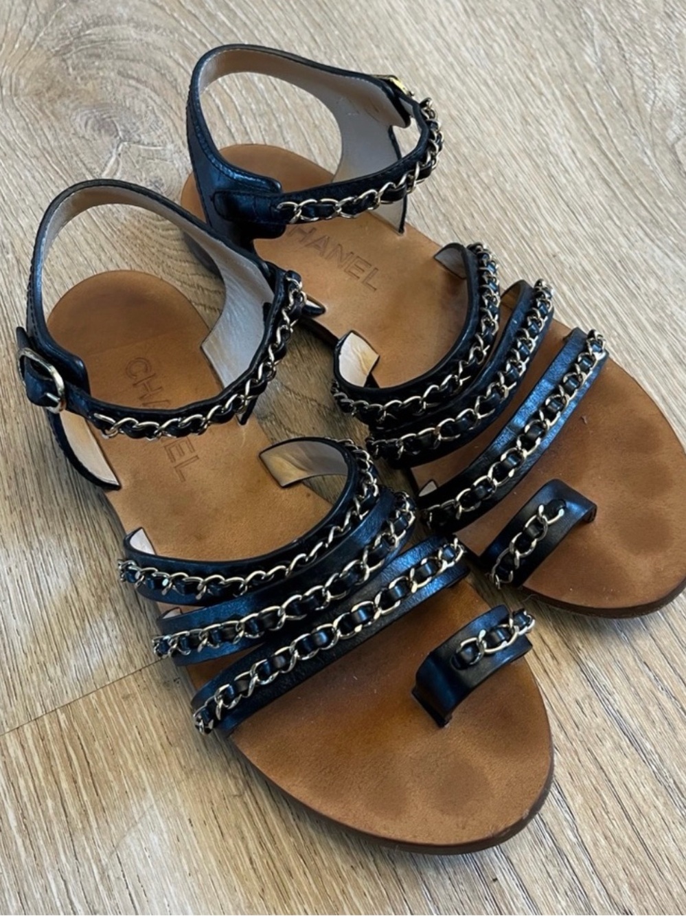 CHANEL Black Leather Multi-Strap Sandals with Gold Chain
